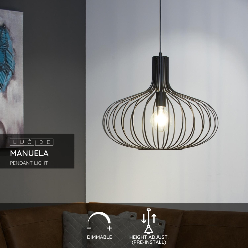 Lucide MANUELA - Závesné svietidlo - Ø 50 cm - 1xE27 - Čierna